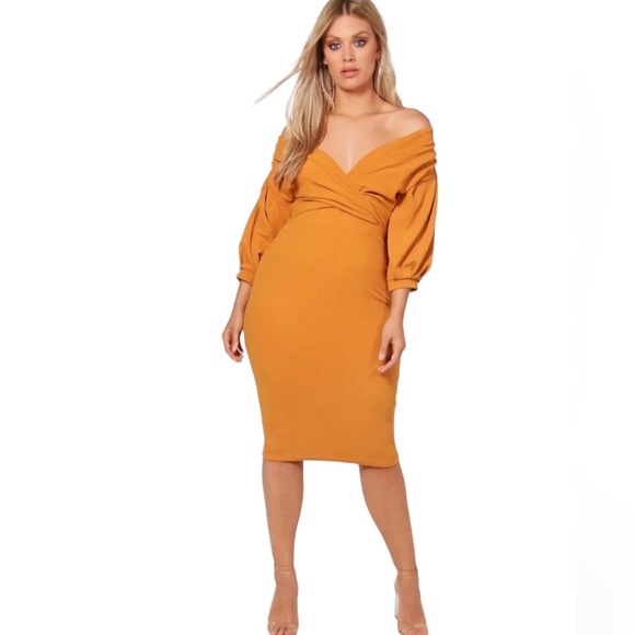 Boohoo NWT Taylor Off the shoulder MIDI dress in Amber size:22 - Picture 2 of 6